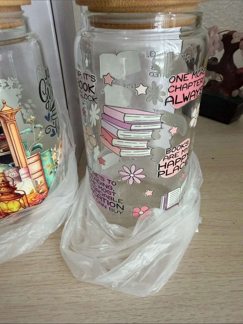 Glass Reading-Themed Storage Jar with Bamboo Lid - Pink Accents set of 2